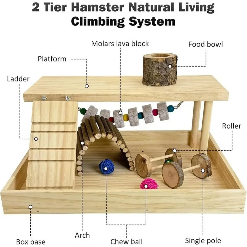 Dwarf Hamster Playground Gym System Natural Wood Cage Lava Stone Toy Ladder Ramp